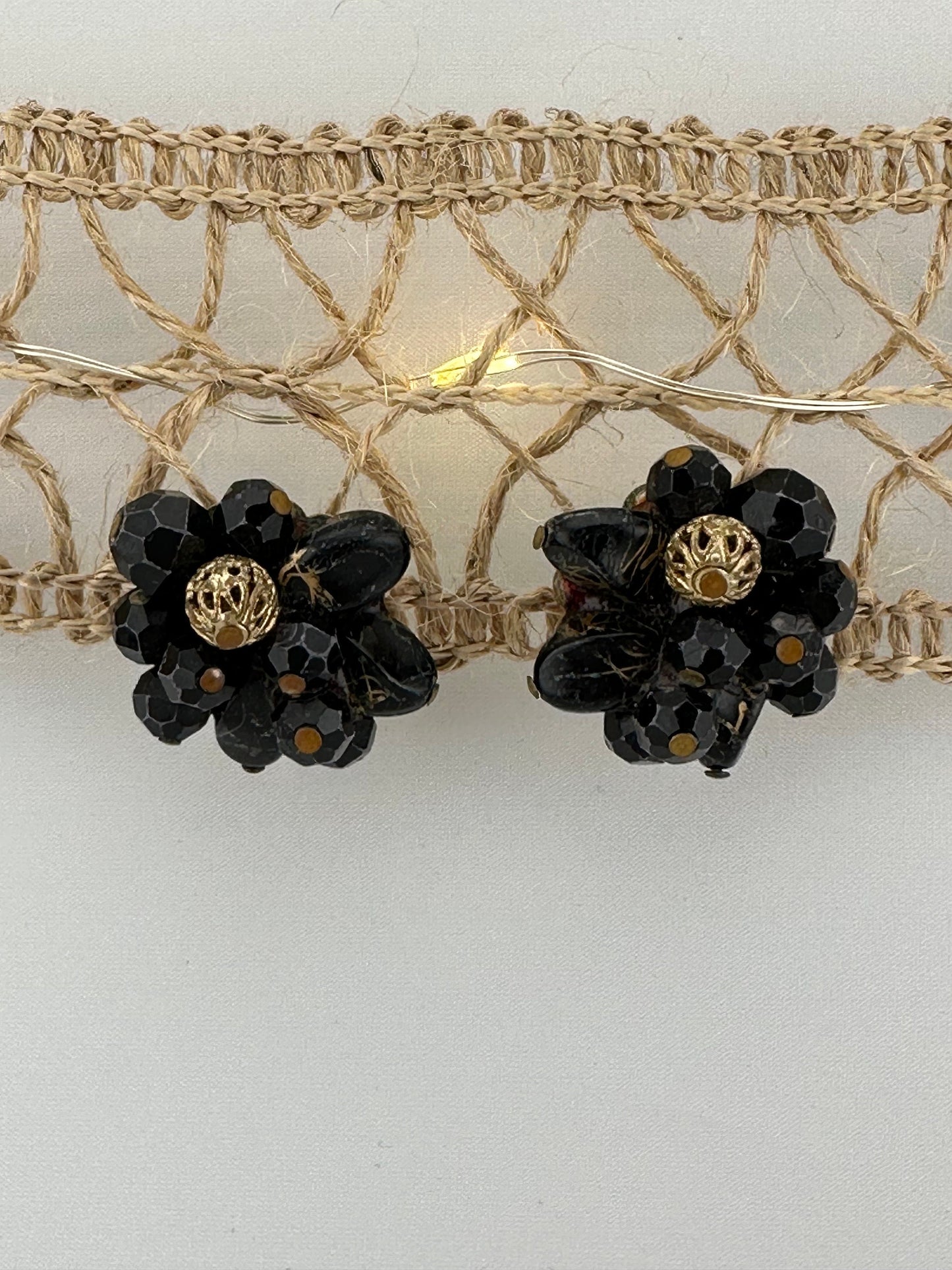 Vintage Clip-On Earrings, Black Beads with Gold Accents, Made by Kramer.