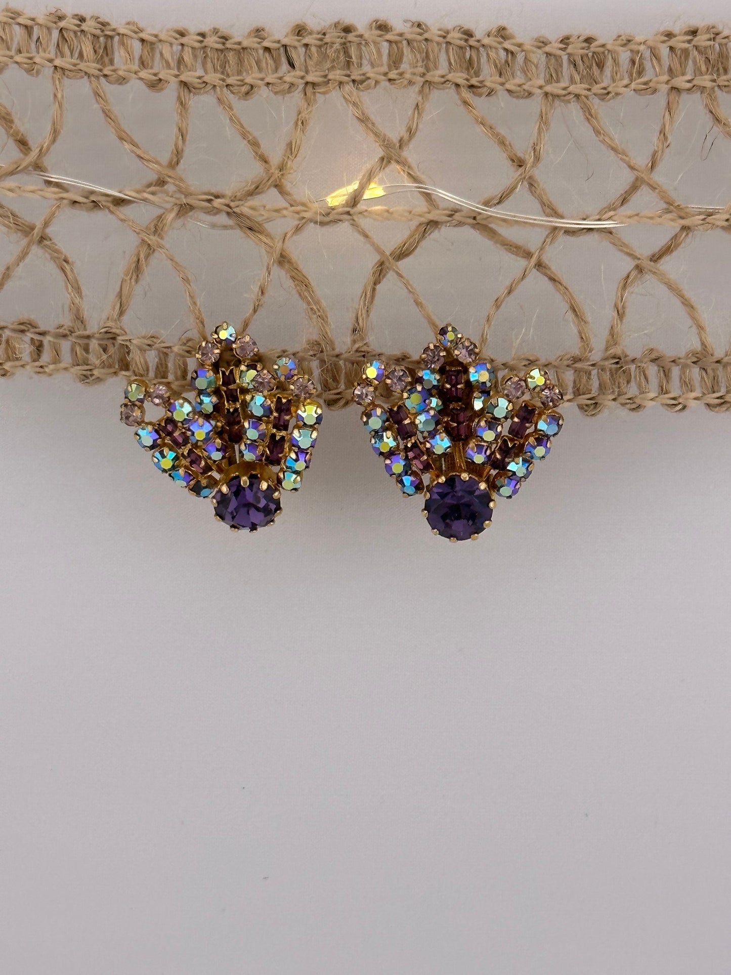 Vintage Gold Tone Clip-On Earrings, Purple and Blue Rhinestones, Made in Austria.