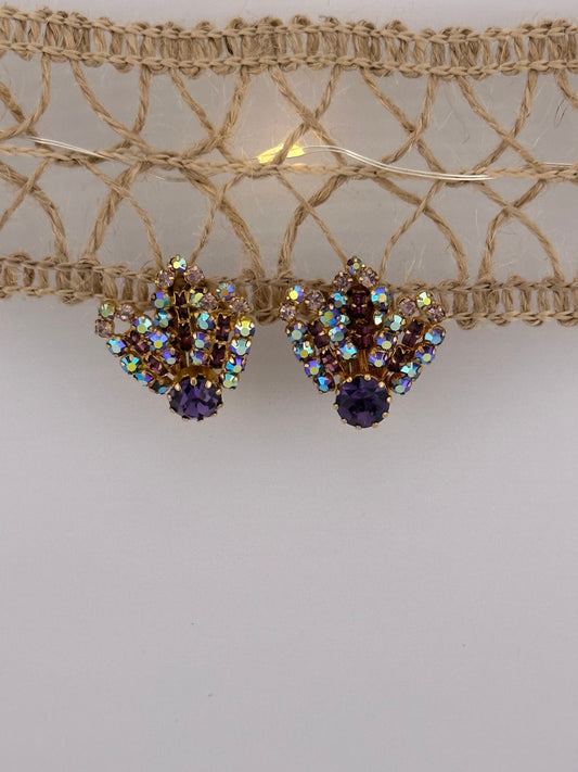 Vintage Gold Tone Clip-On Earrings, Purple and Blue Rhinestones, Made in Austria.