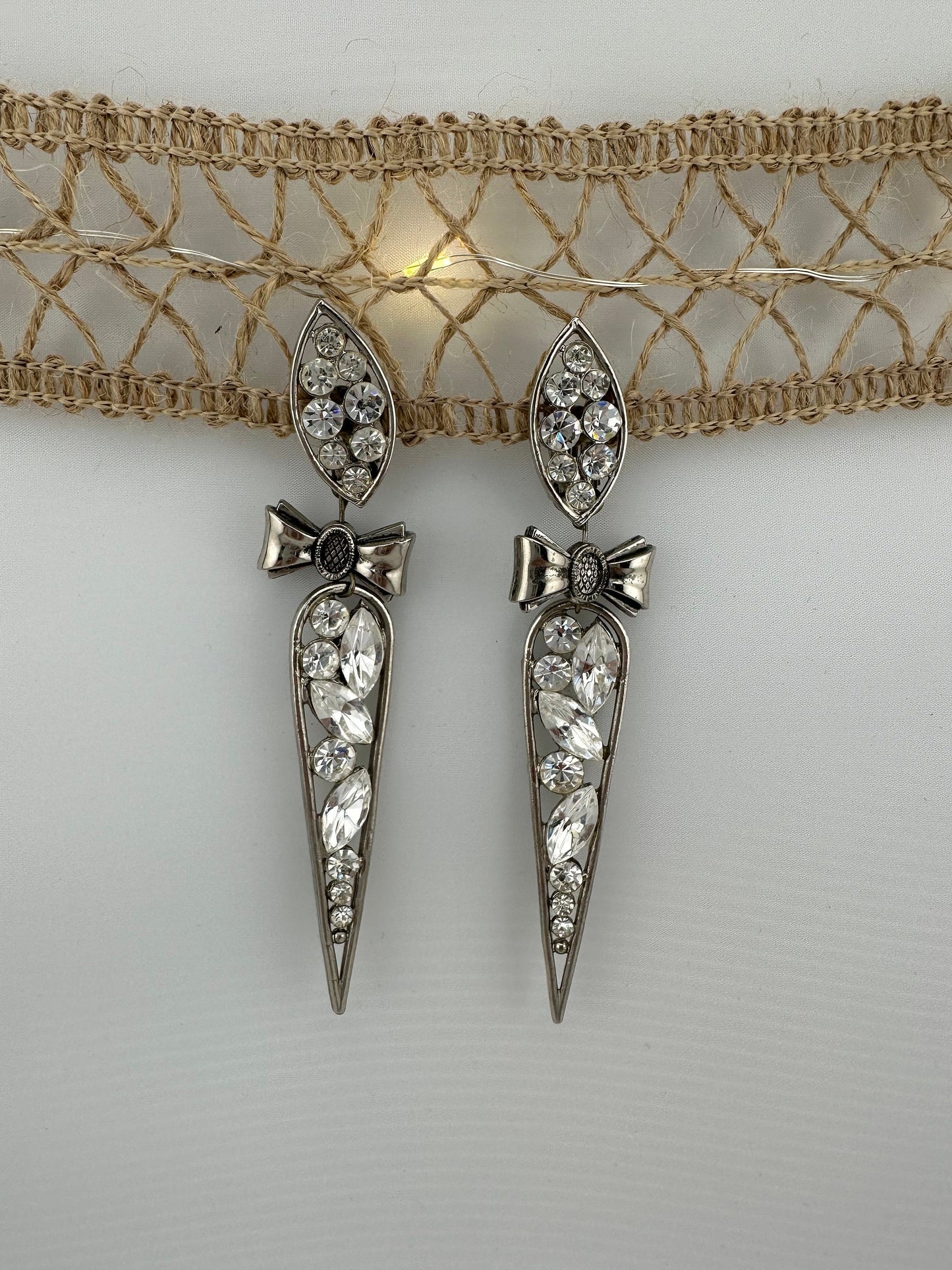 Vintage Earrings, Clip On Dangle, Rhinestones with Bow.