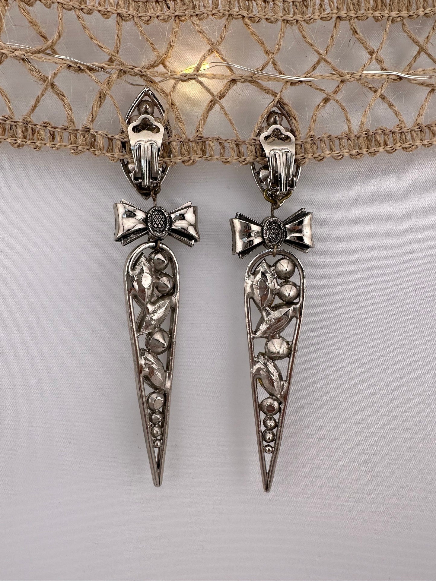 Vintage Earrings, Clip On Dangle, Rhinestones with Bow.