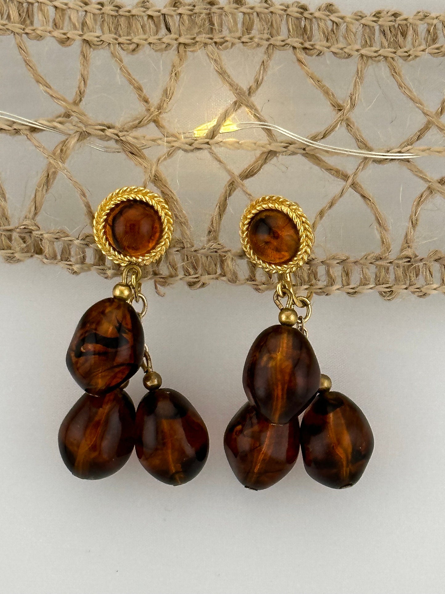 Vintage Earrings, Crown Trifari Faux, Amber, Tortoise, Dangle Clip On.