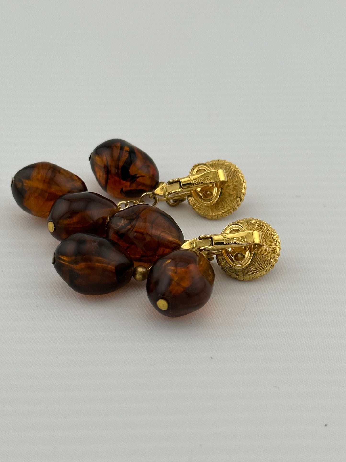 Vintage Earrings, Crown Trifari Faux, Amber, Tortoise, Dangle Clip On.