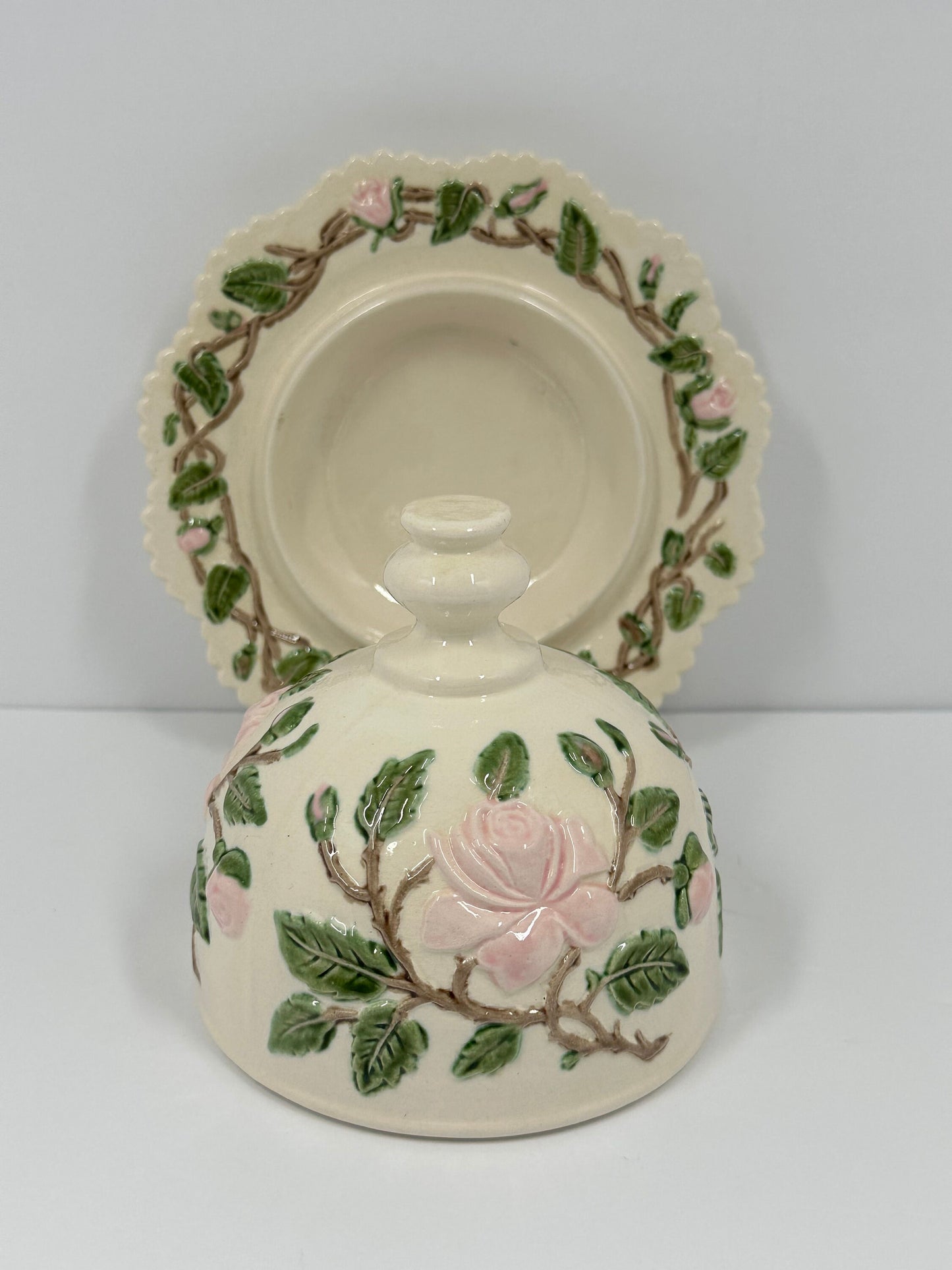 Vintage Ceramic Butter Dish With Pink Rose Bud Design.