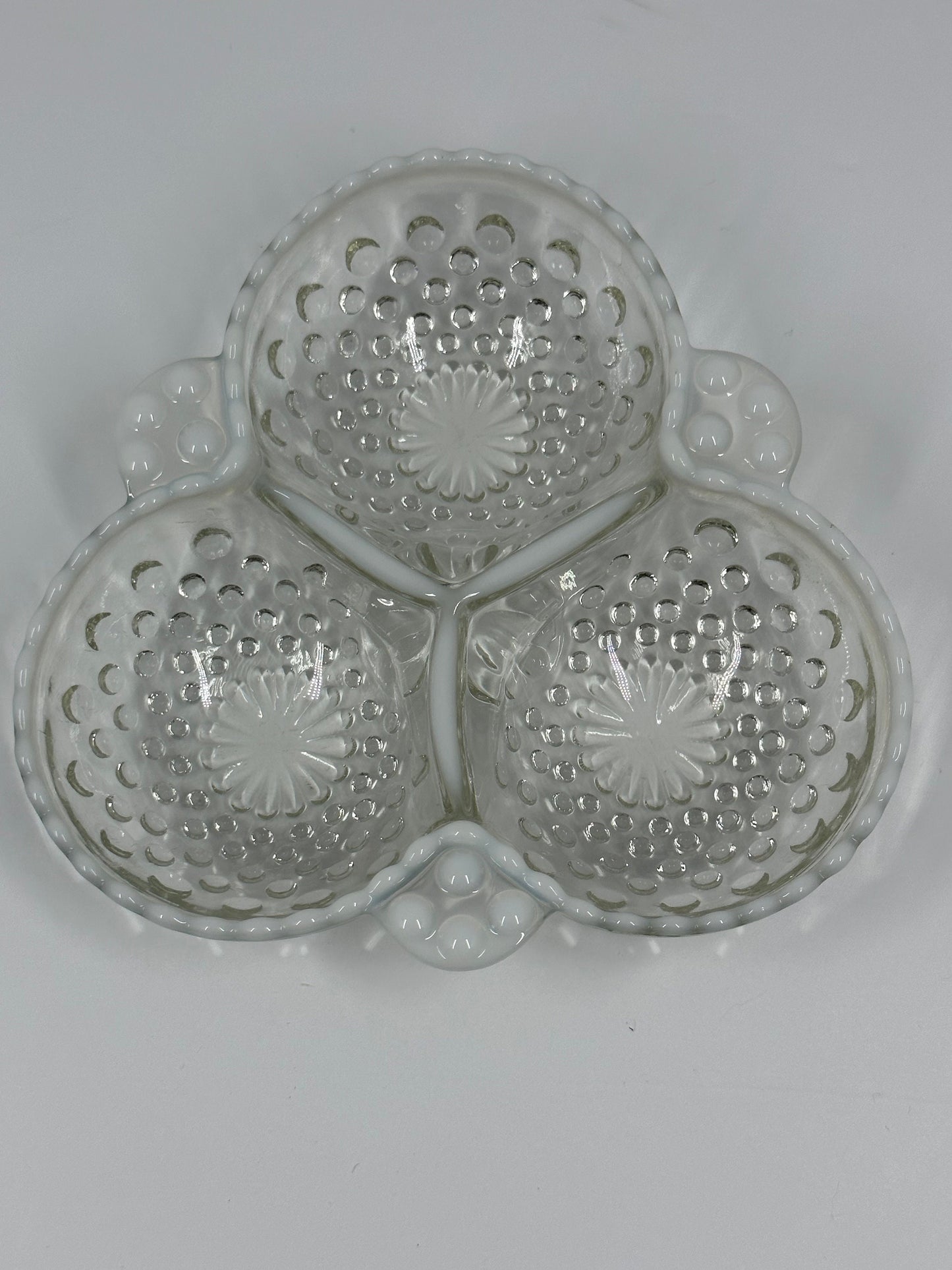 Vintage Dish, Fenton, White Opalescent, Moonstone, Divided Serving Dish, Hobnail Glass.