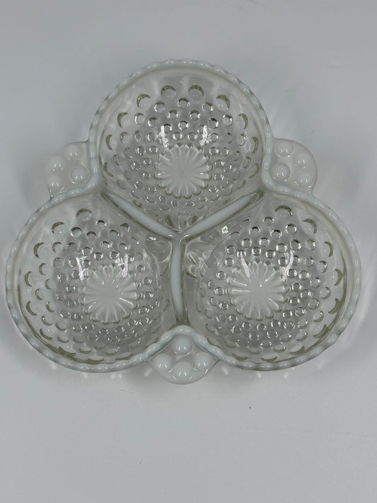 Vintage Dish, Fenton, White Opalescent, Moonstone, Divided Serving Dish, Hobnail Glass.