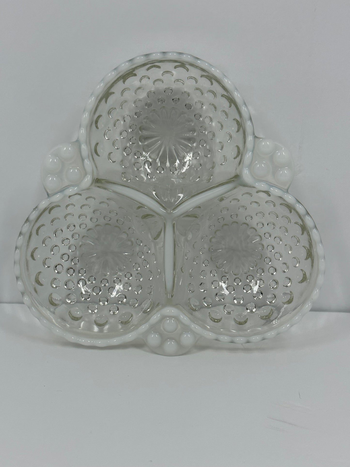 Vintage Dish, Fenton, White Opalescent, Moonstone, Divided Serving Dish, Hobnail Glass.