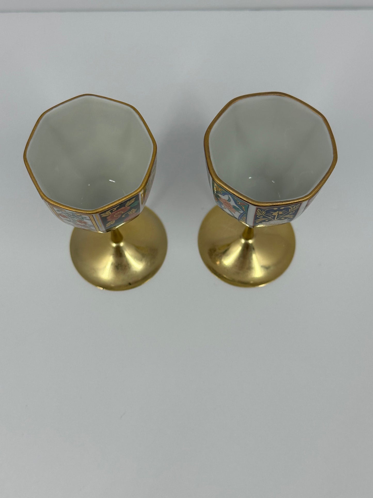 Vintage Porcelain Cups with Brass Stem, Made in Japan.