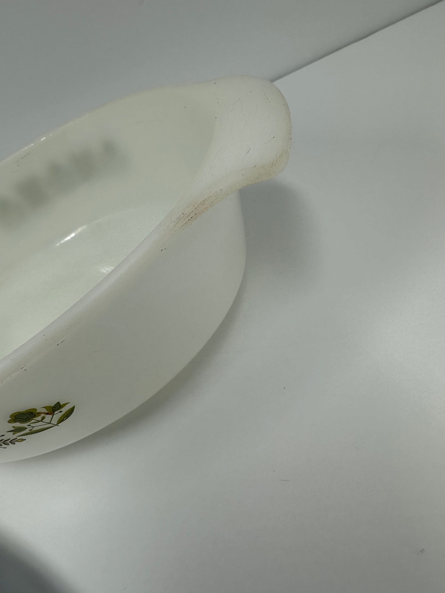 Vintage Anchor Hocking Serving Dish with Meadow Green Pattern.