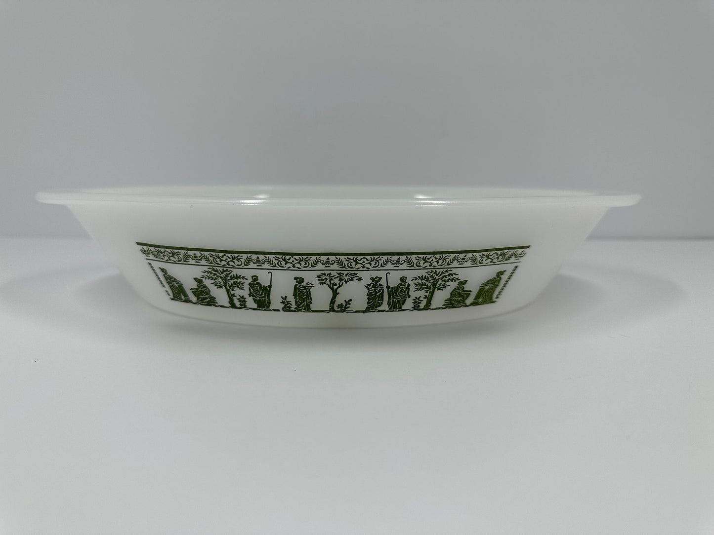 Vintage Milk Glass Casserole Dish with Grecian Pattern by Glasbake