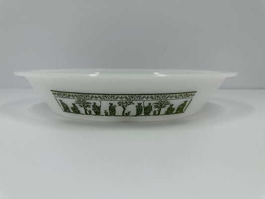 Vintage Milk Glass Casserole Dish with Grecian Pattern by Glasbake