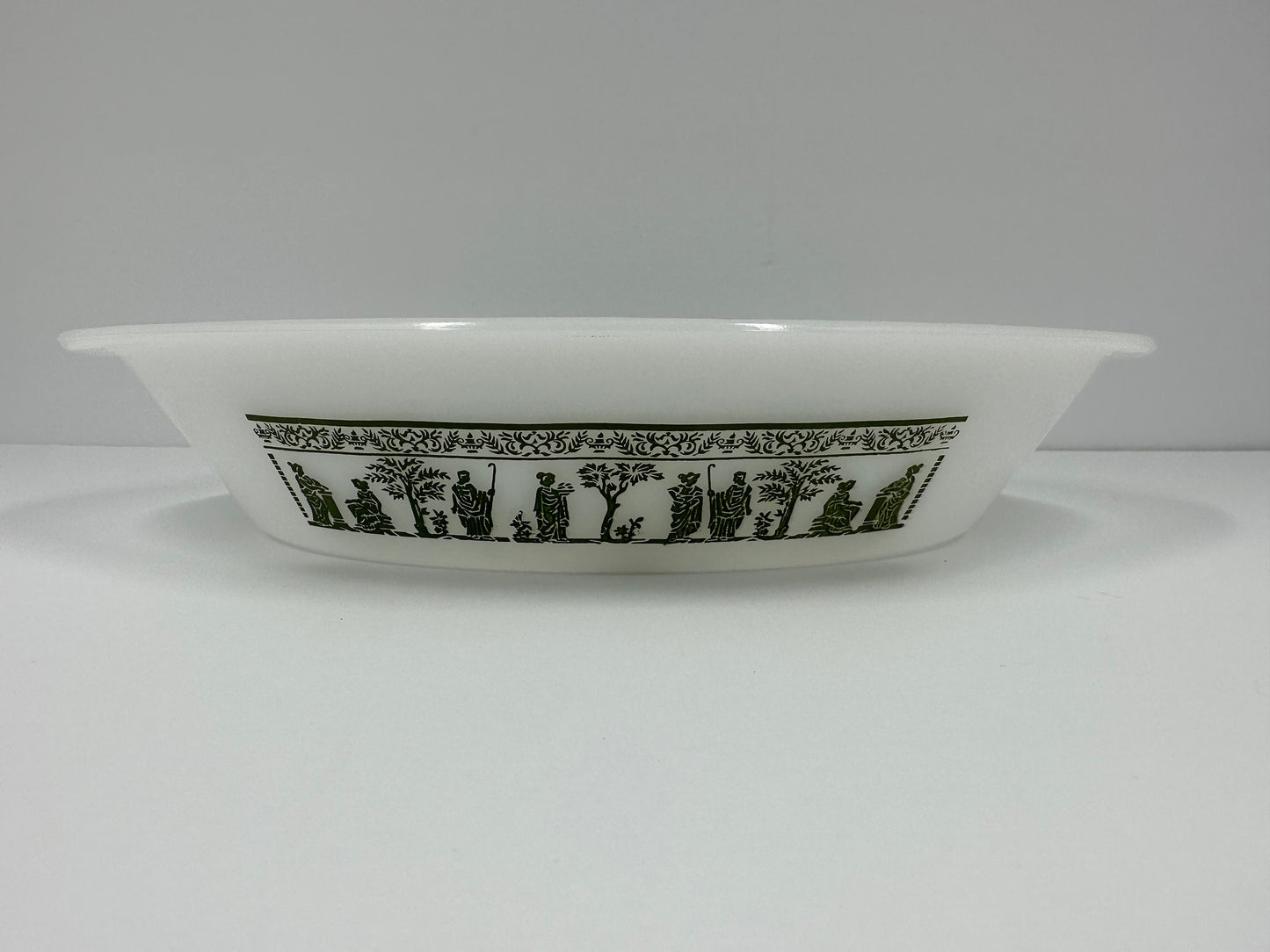 Vintage Milk Glass Casserole Dish with Grecian Pattern by Glasbake