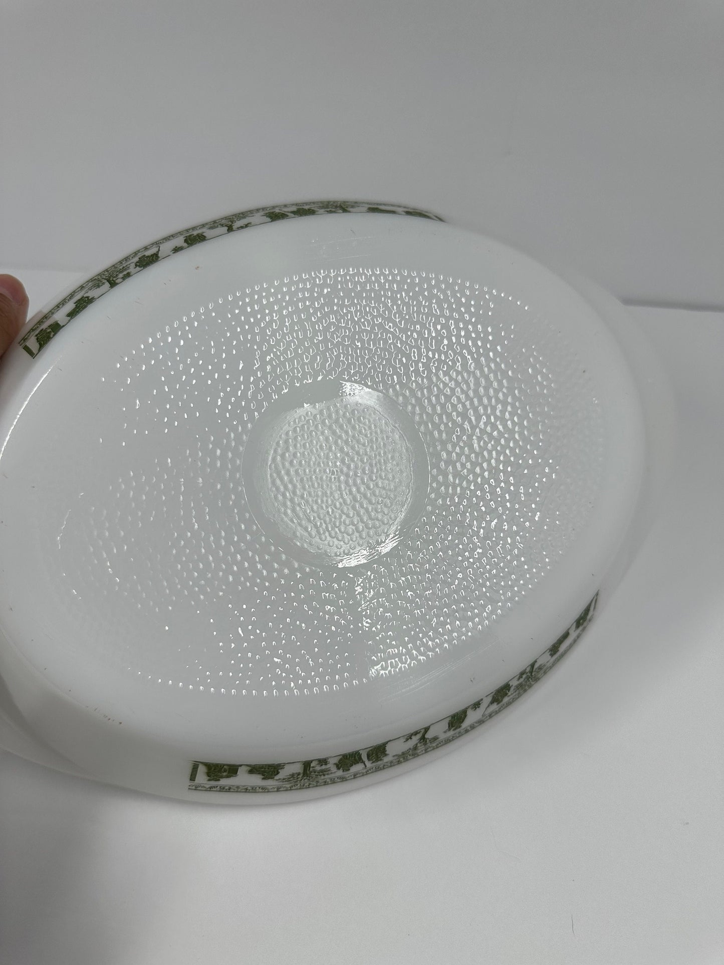 Vintage Milk Glass Casserole Dish with Grecian Pattern by Glasbake