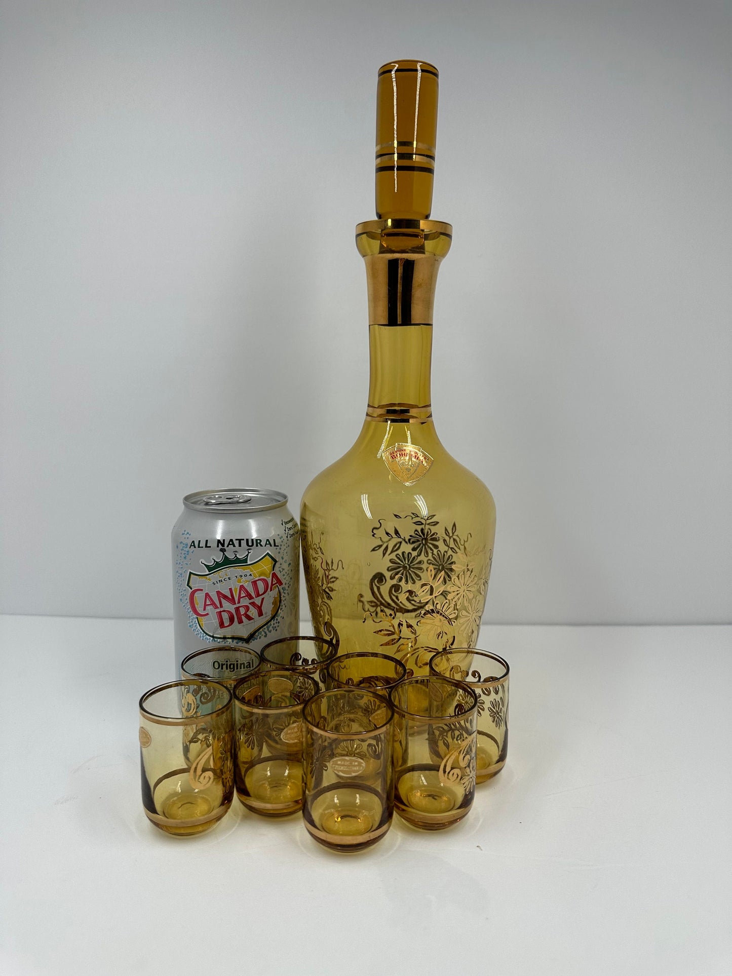 Vintage Decanter, 8 Matching Shot Glasses, Brown Glass, Bar Set, 1970s