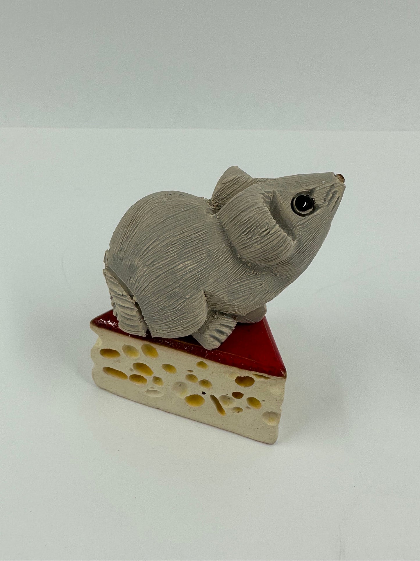Vintage Hand Sculpted Figurine of Mouse on Cheese, Made in Uruguay. Adorable!