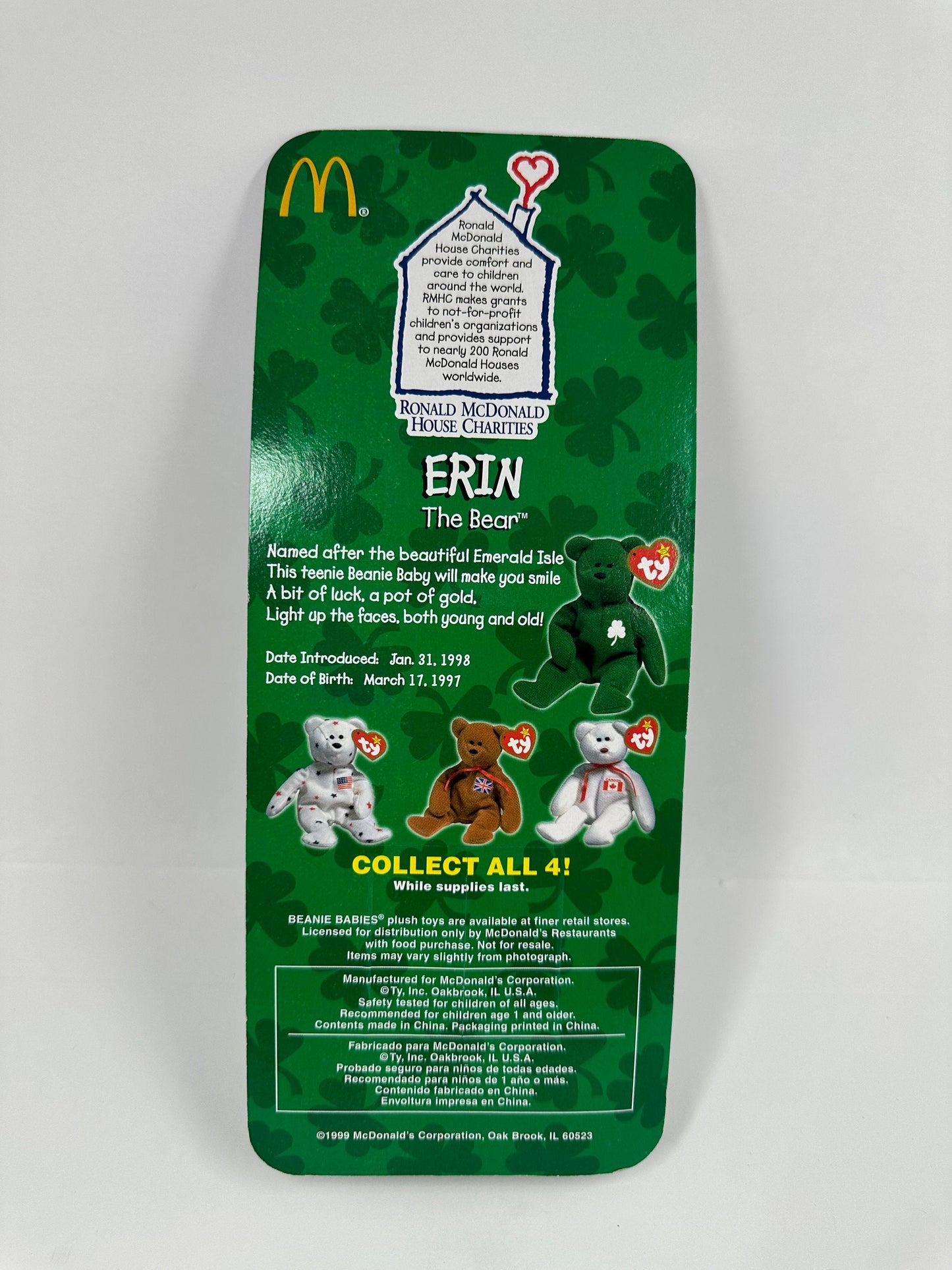 Vintage Teenie Beanie Baby, Erin The Bear by TY for McDonald's 1998 New in Box.