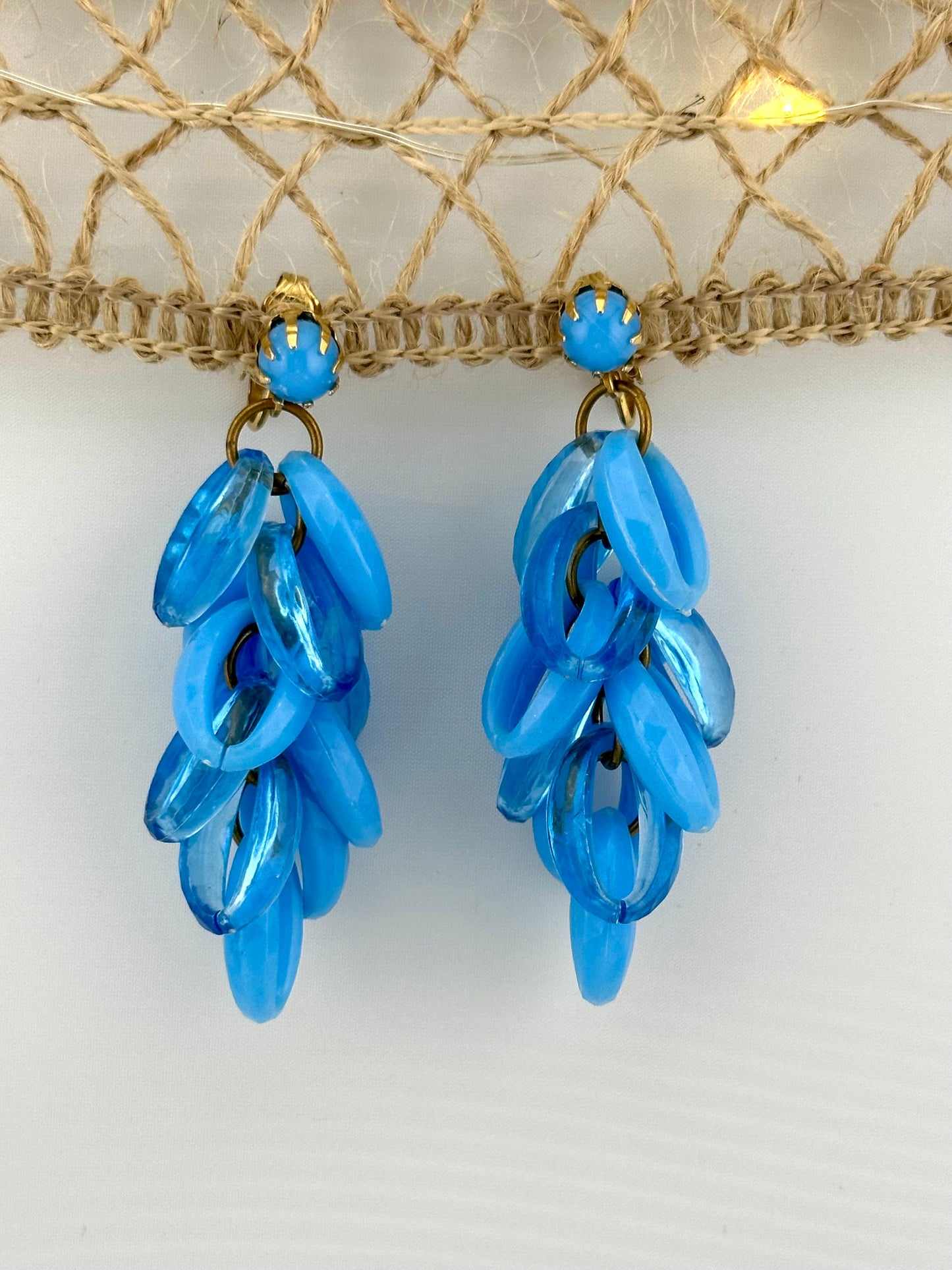 Vintage Clip On Dangling Earrings, Light Blue Rings and Gold Plated.