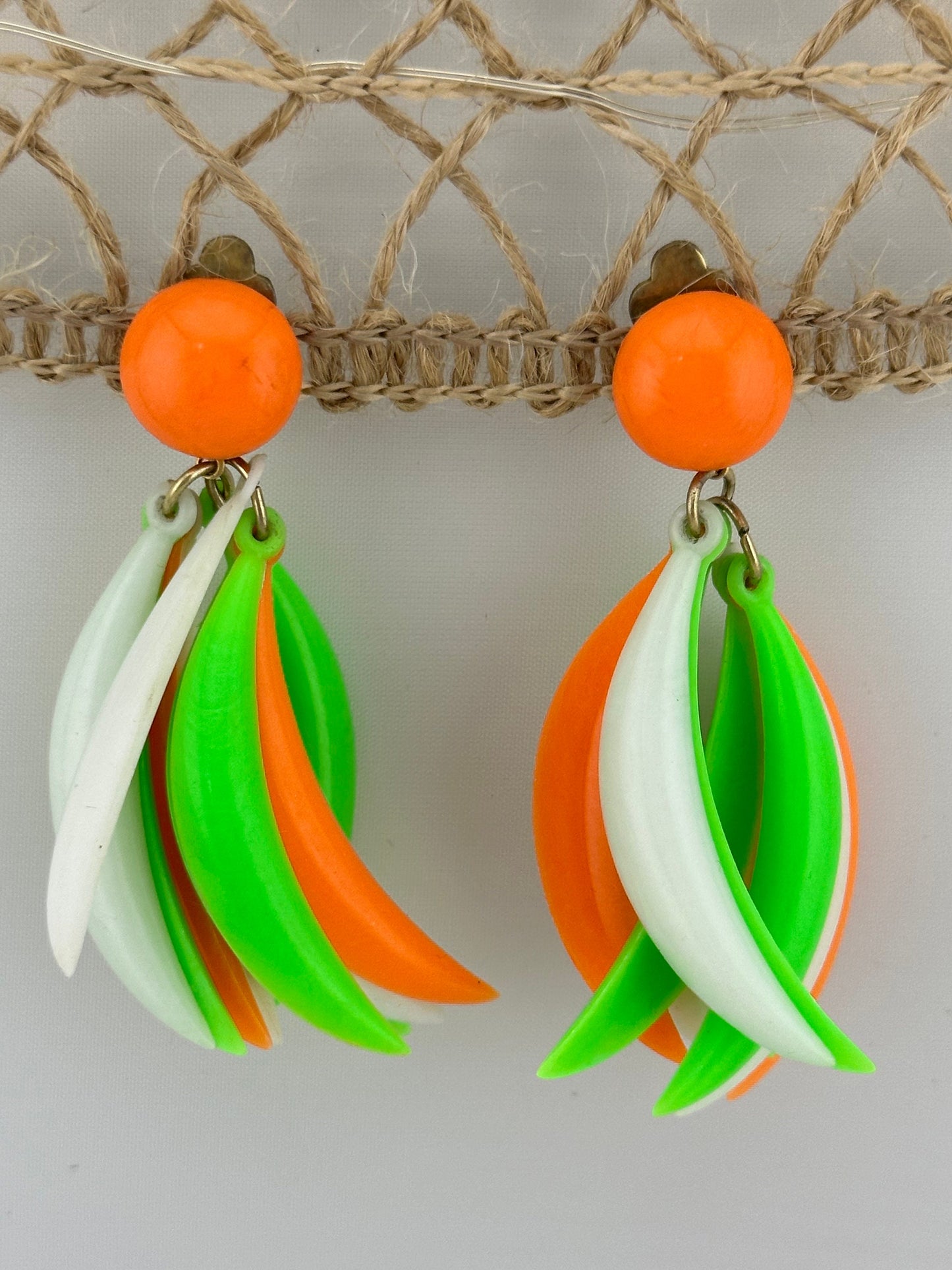 Vintage Earrings, Clip On Dangle, Made in Hong Kong, Neon Orange and Green.