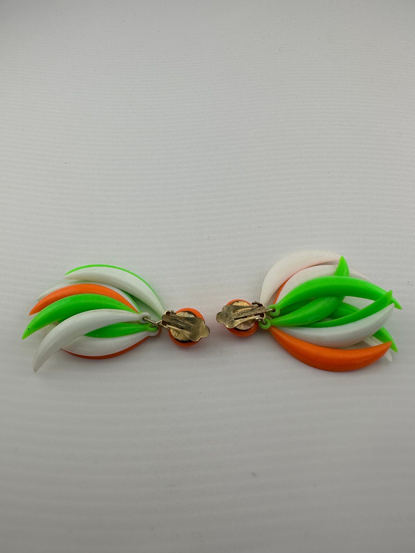 Vintage Earrings, Clip On Dangle, Made in Hong Kong, Neon Orange and Green.