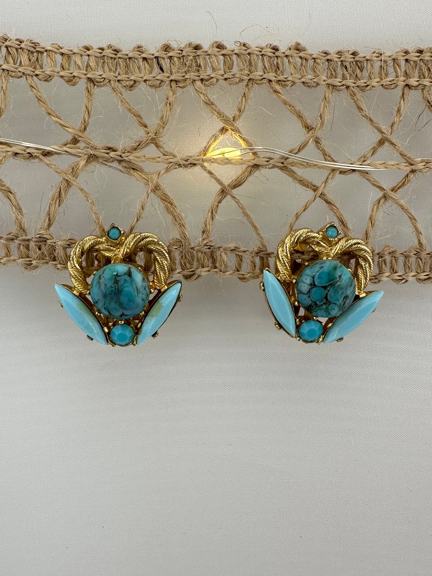 Vintage Clip-On Earrings, Gold Plated with Turquoise Stones.