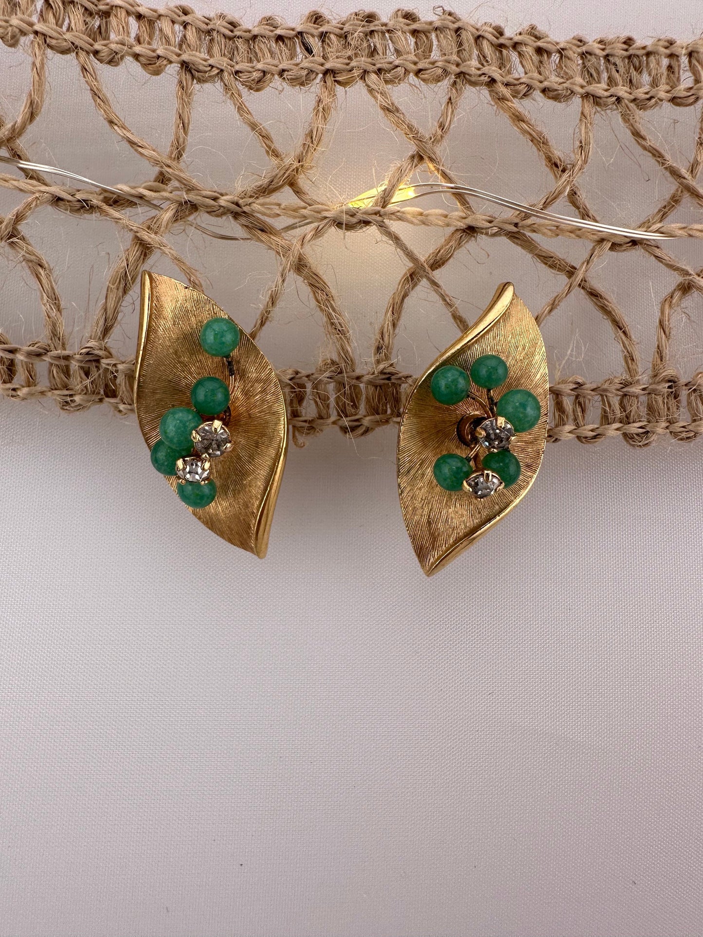 Vintage Clip-On Earrings, Gold Plated, Jade Green Accents, Made by Whitning and Davis.