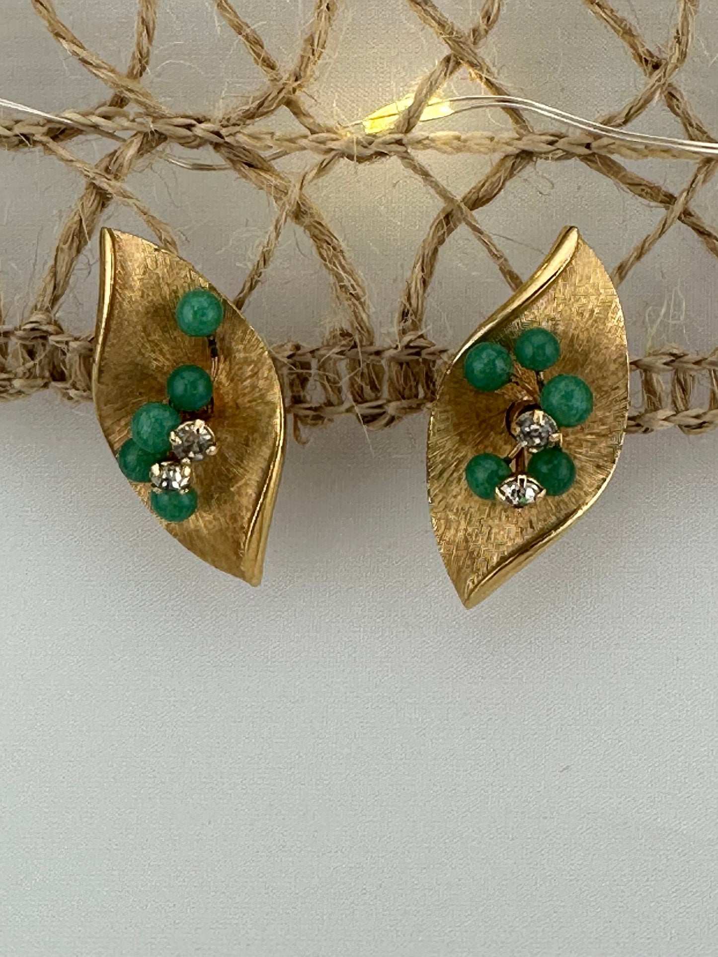 Vintage Clip-On Earrings, Gold Plated, Jade Green Accents, Made by Whitning and Davis.