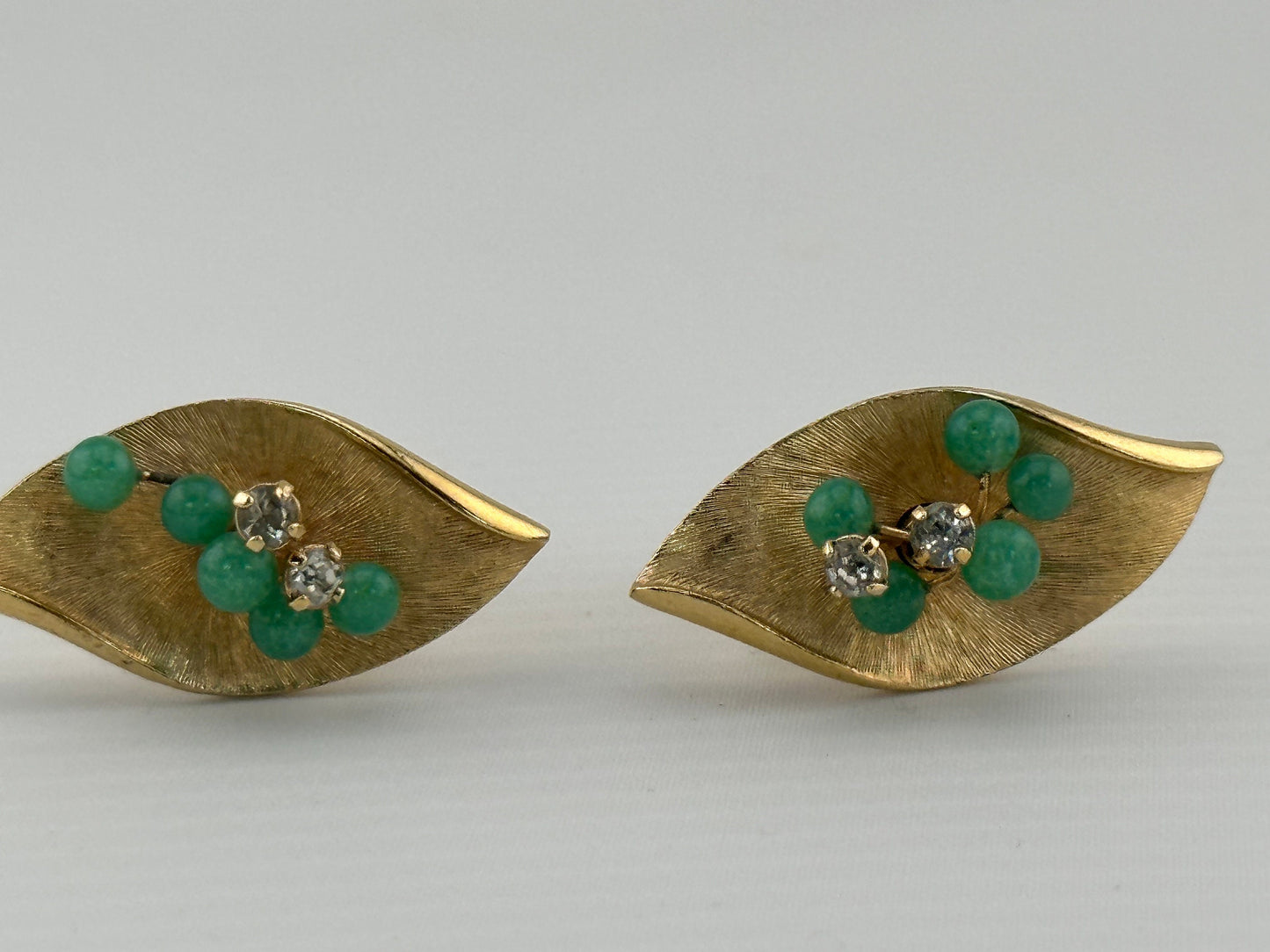 Vintage Clip-On Earrings, Gold Plated, Jade Green Accents, Made by Whitning and Davis.