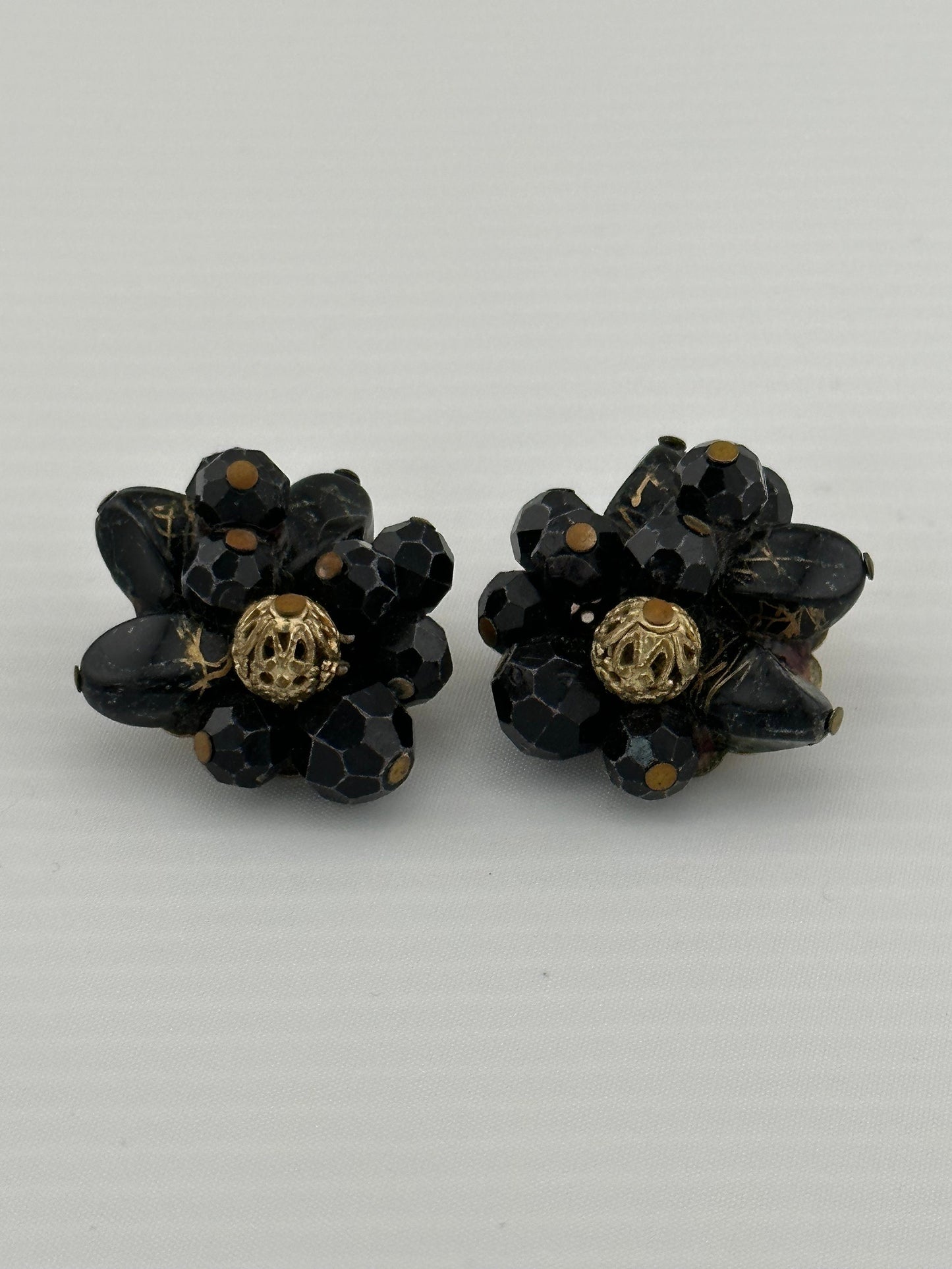 Vintage Clip-On Earrings, Black Beads with Gold Accents, Made by Kramer.
