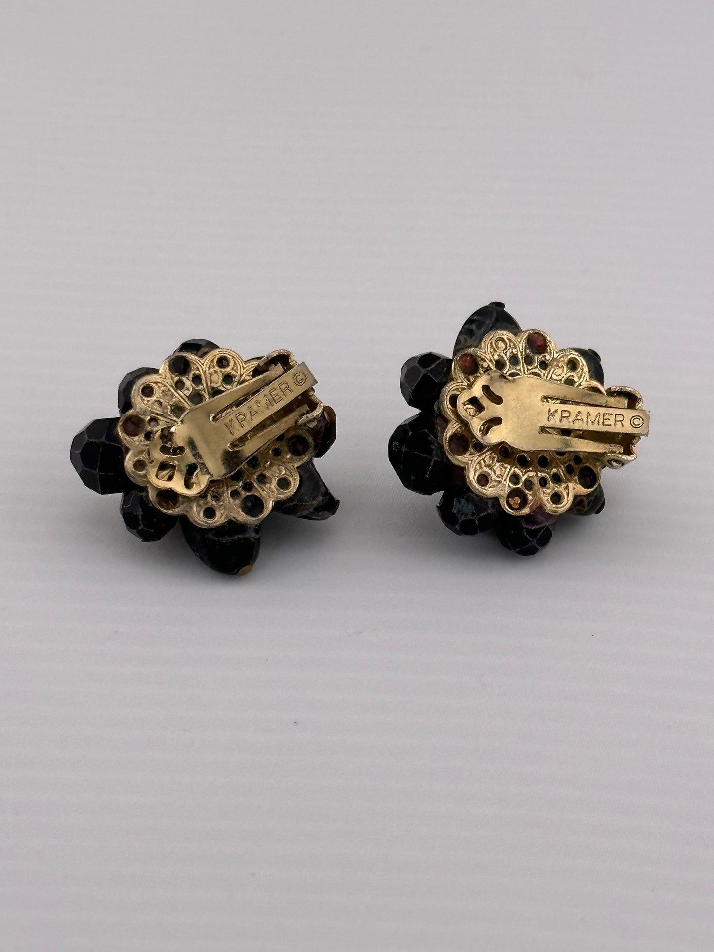 Vintage Clip-On Earrings, Black Beads with Gold Accents, Made by Kramer.
