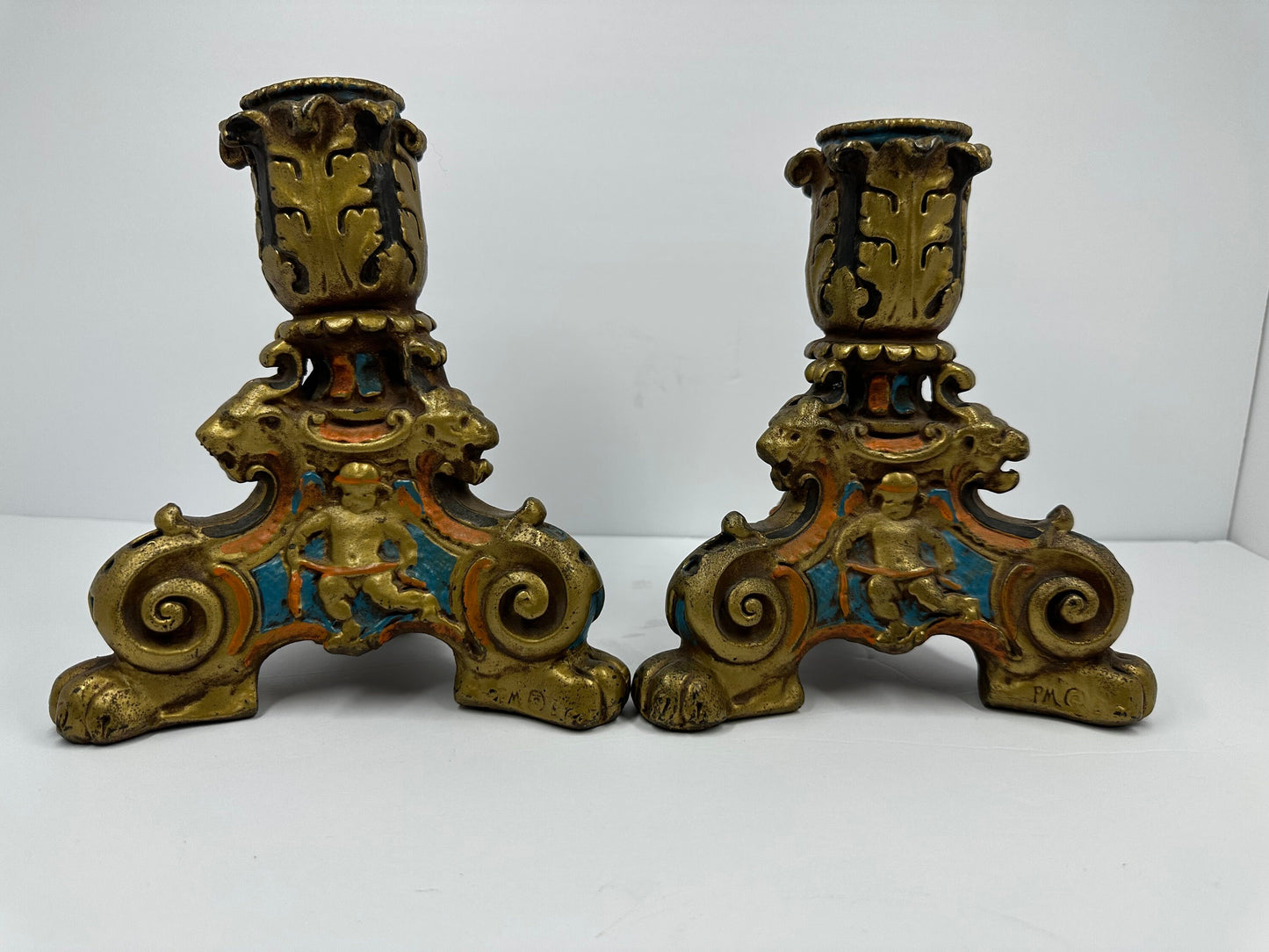 Vintage Candlestick Holders, Hand Painted with Cherubs and Lions. Heavy!