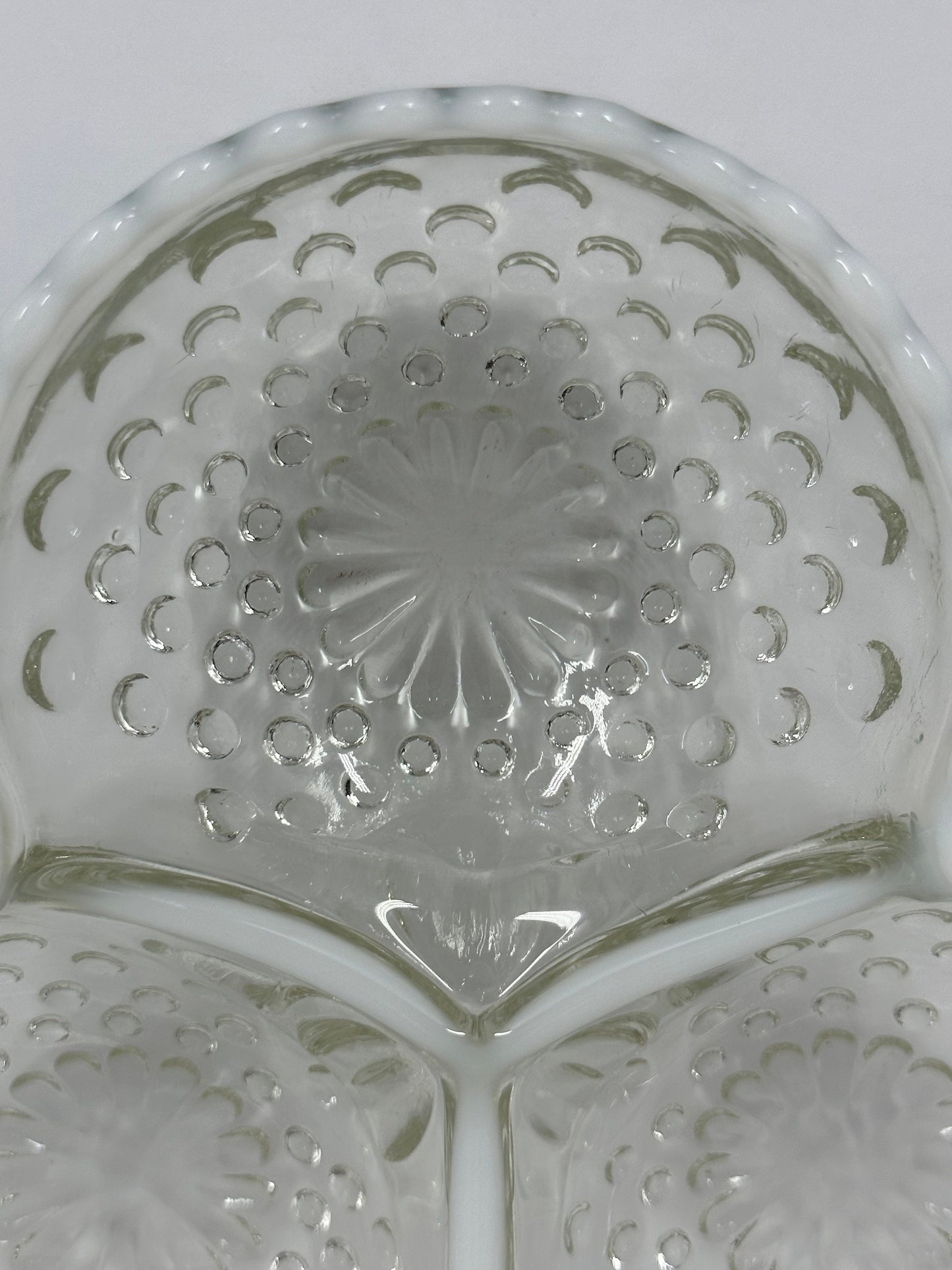 Vintage Dish, Fenton, White Opalescent, Moonstone, Divided Serving Dish, Hobnail Glass.