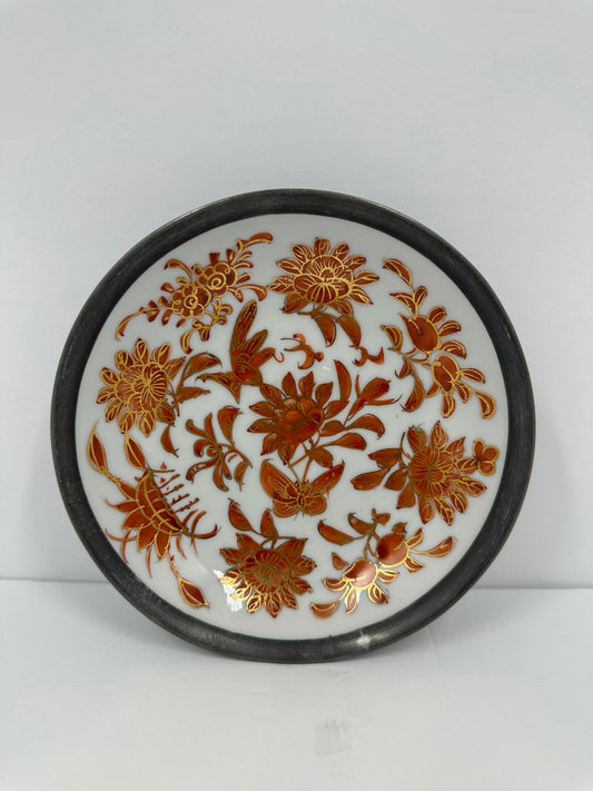 Vintage Bowl, Japanese Porcelain, Decorated in Hong Kong, Floral Metal Dish.