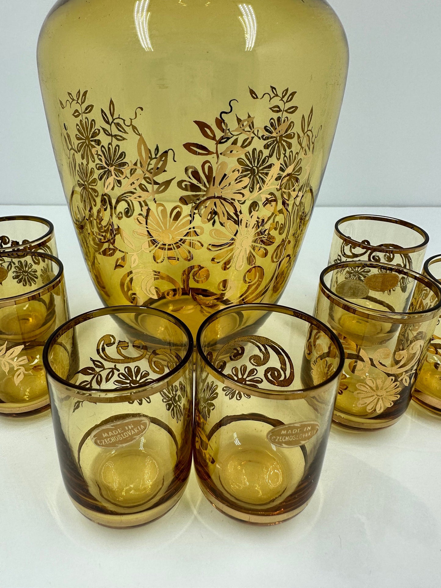 Vintage Decanter, 8 Matching Shot Glasses, Brown Glass, Bar Set, 1970s