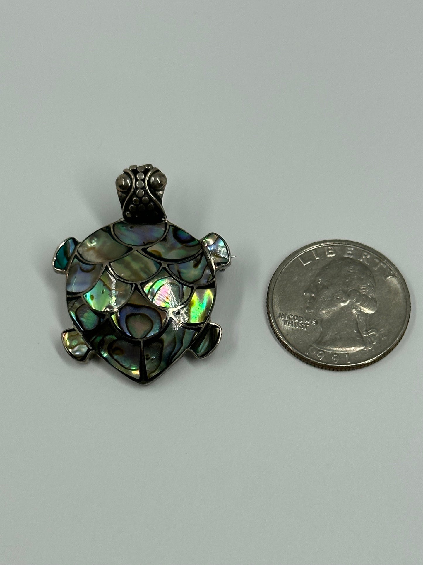 Vintage Turtle Brooch, Sterling Silver with Iridescent Shell-Like Accents.