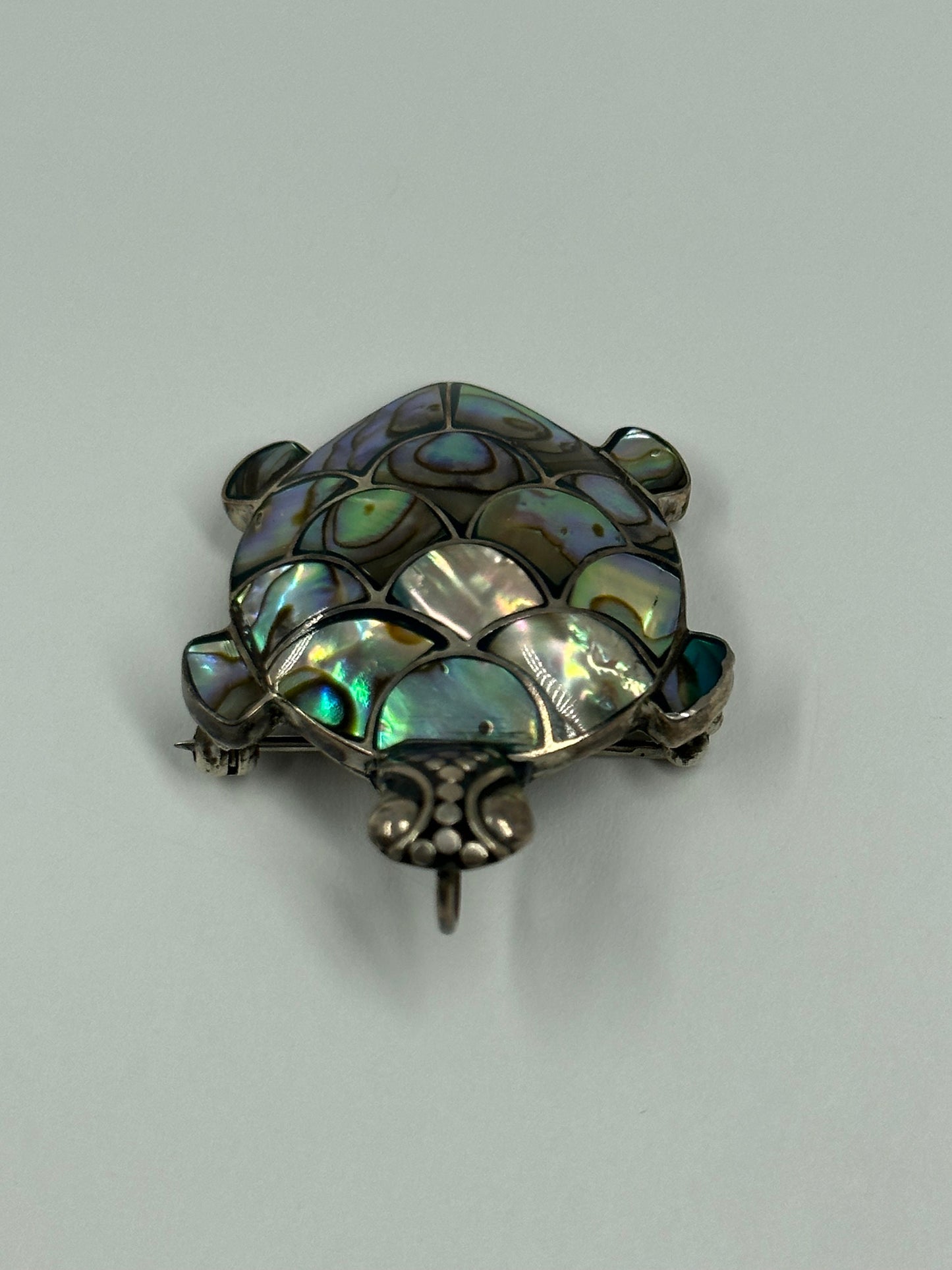 Vintage Turtle Brooch, Sterling Silver with Iridescent Shell-Like Accents.