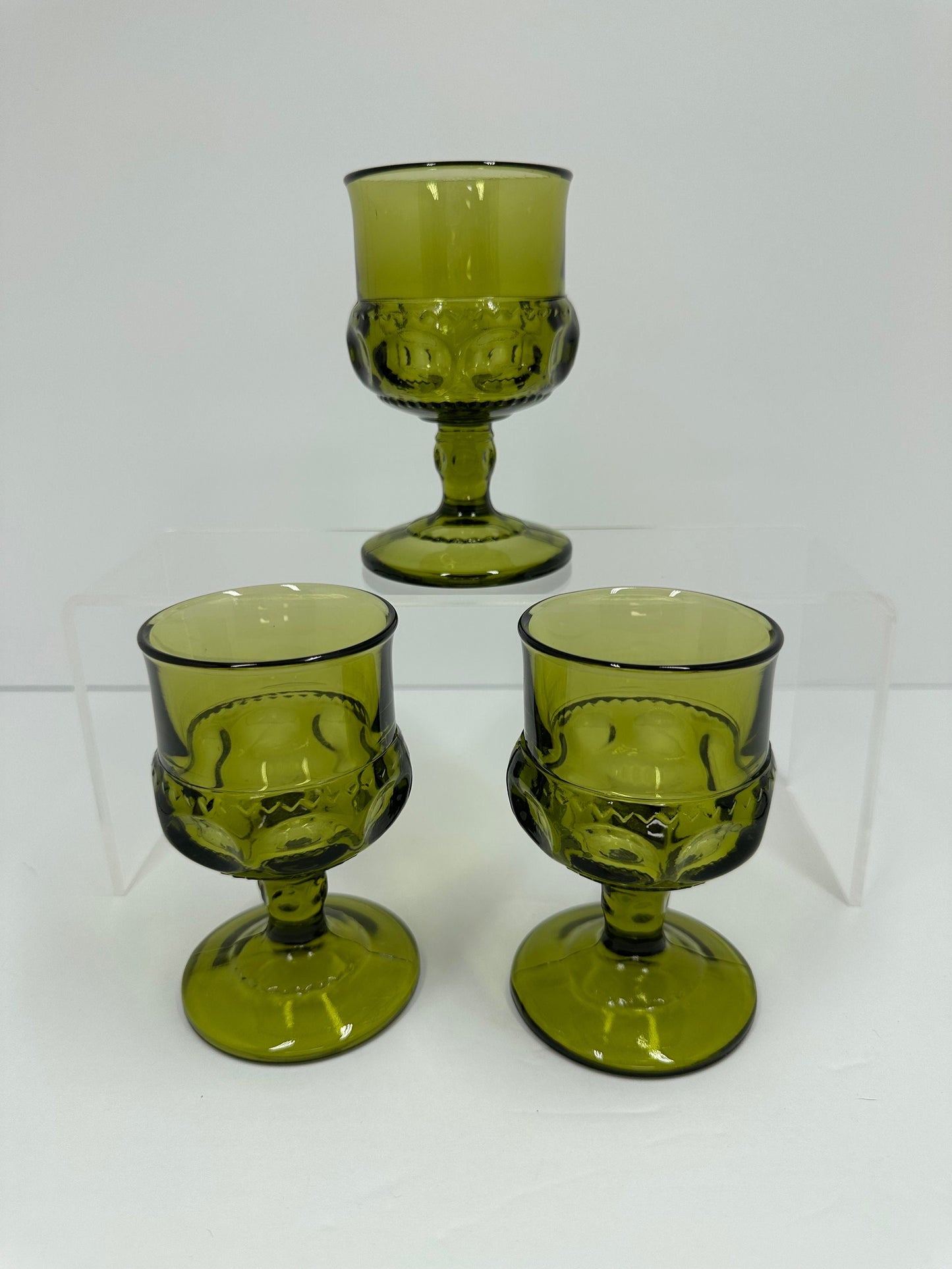 Vintage Glasses in Green King's Crown Thumbprint Pattern by Indiana Glass