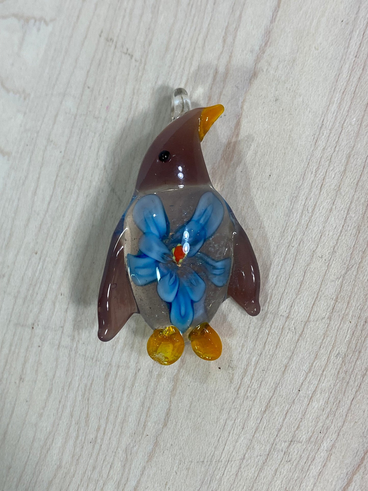 Vintage Charm of Hand Blown Glass Penguin Purple with Blue Flower