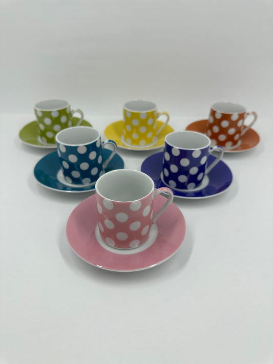 Vintage Espresso Cups & Saucers with Colorful Polkadot Design.
