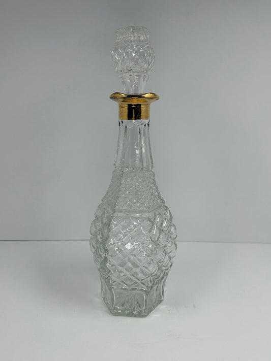 Vintage Crystal Cut Glass Decanter with Gold Scalloped Rim and Starburst Stopper