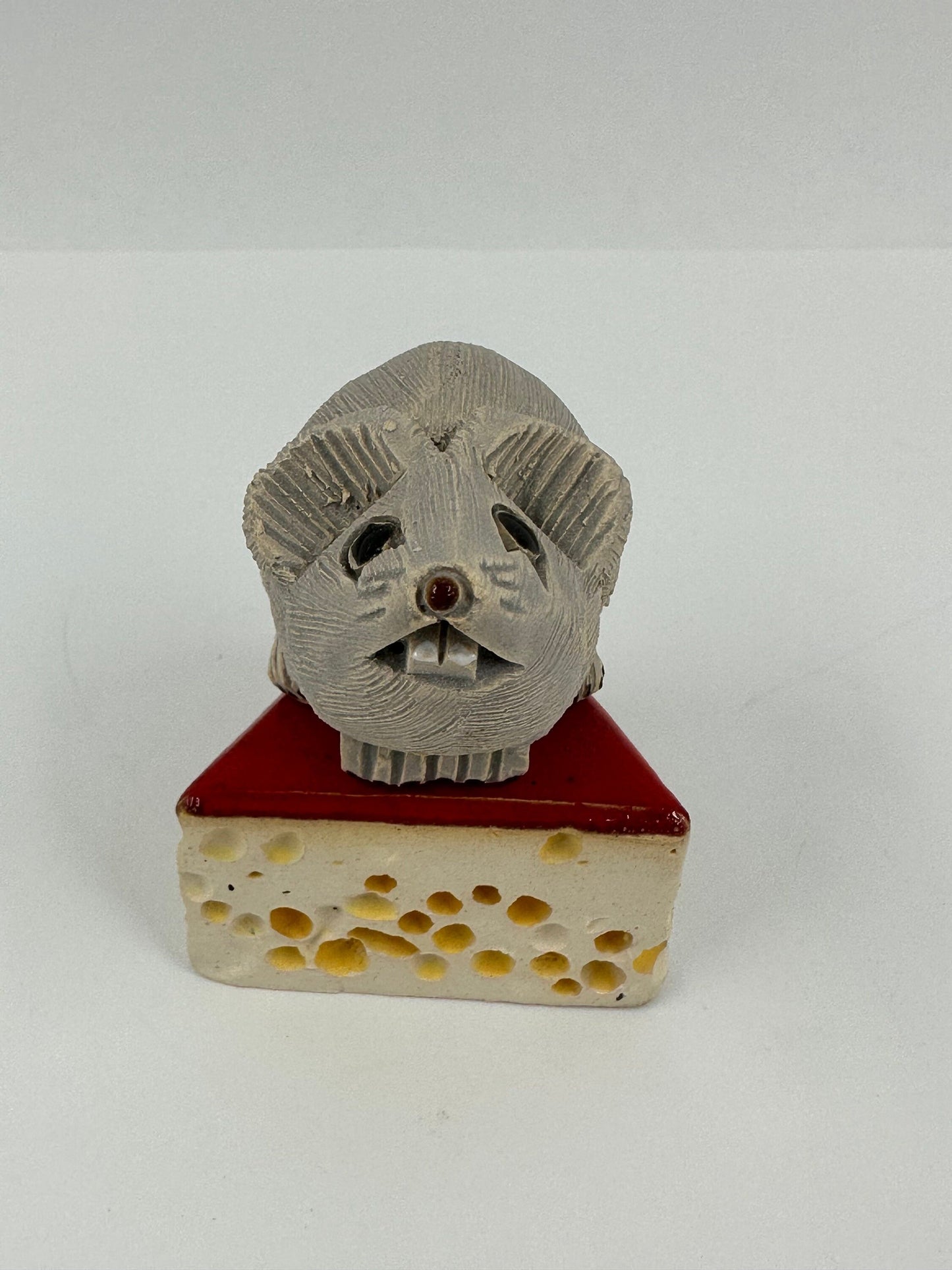 Vintage Hand Sculpted Figurine of Mouse on Cheese, Made in Uruguay. Adorable!