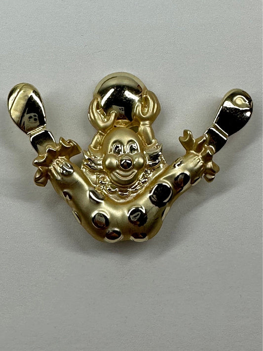 Vintage Brooch, Clown is Signed AJC, Gold Tone Metal, Mid-Century Modern.