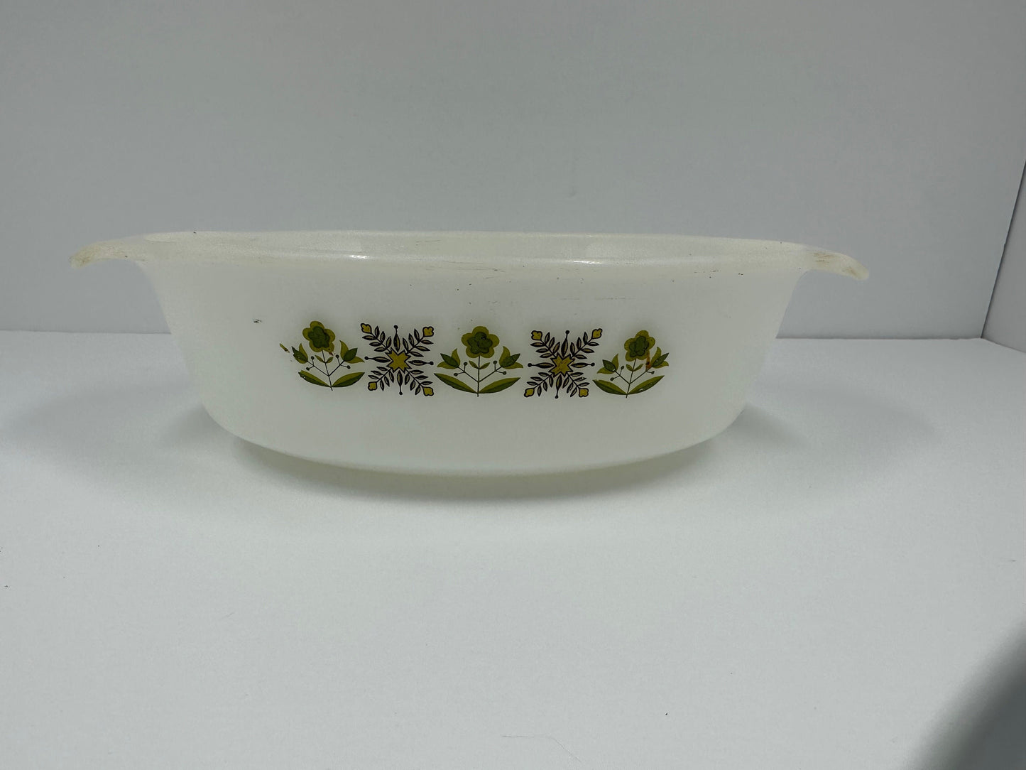 Vintage Anchor Hocking Serving Dish with Meadow Green Pattern.