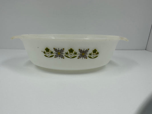 Vintage Anchor Hocking Serving Dish with Meadow Green Pattern.