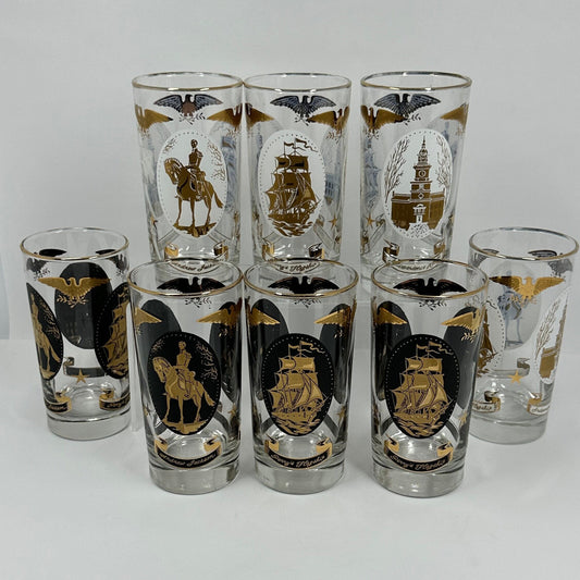 Vintage Glasses Set in Libbey Americana  Gold & Black Design with Original Box