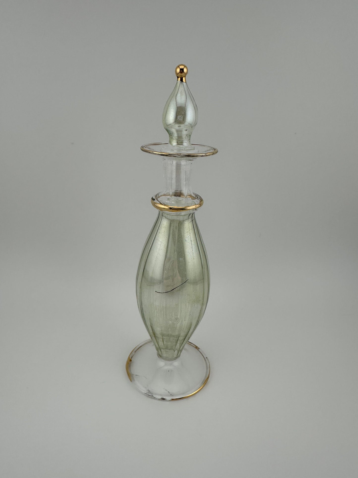 Vintage Perfume Bottle, Pale Green Glass, Hand Painted with Glass Dauber.
