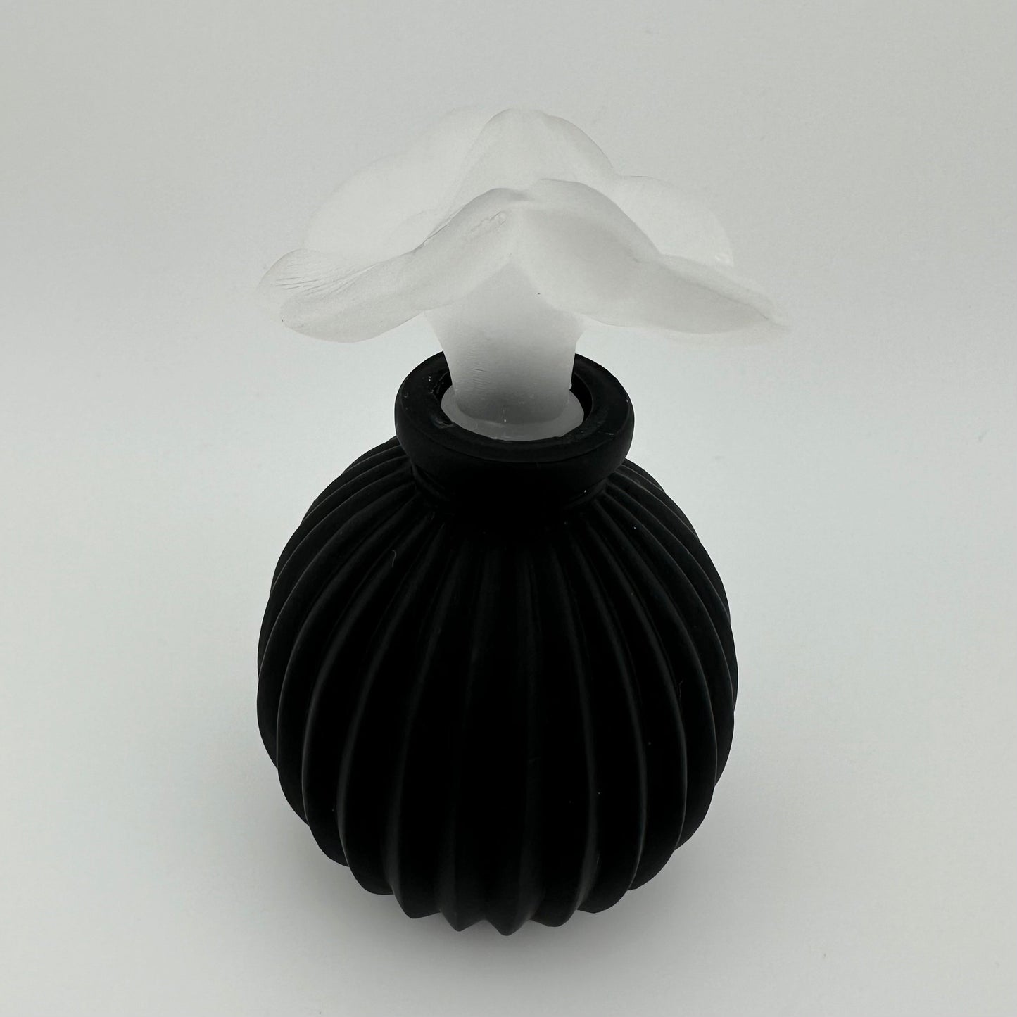 Vintage Perfume Bottle, Black Satin Glass with White Flower Top.