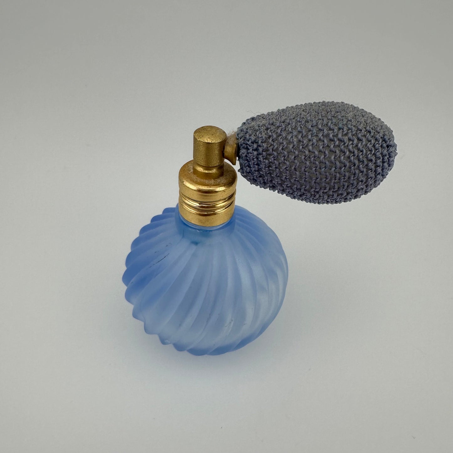 Vintage Perfume Bottle, Miniature, Blue Atomizer Bulb, Blue Frosted Glass, Twist Design.