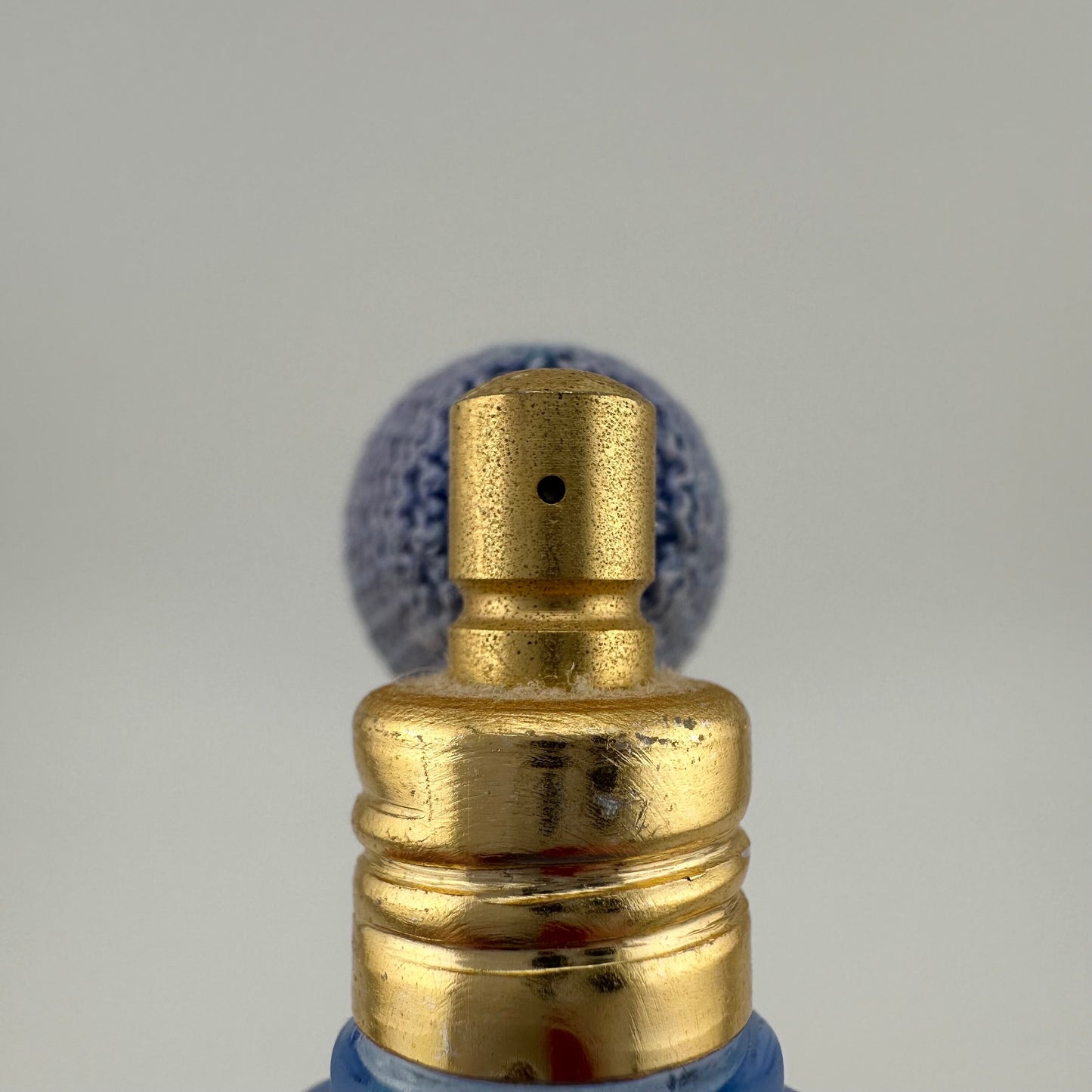 Vintage Perfume Bottle, Miniature, Blue Atomizer Bulb, Blue Frosted Glass, Twist Design.
