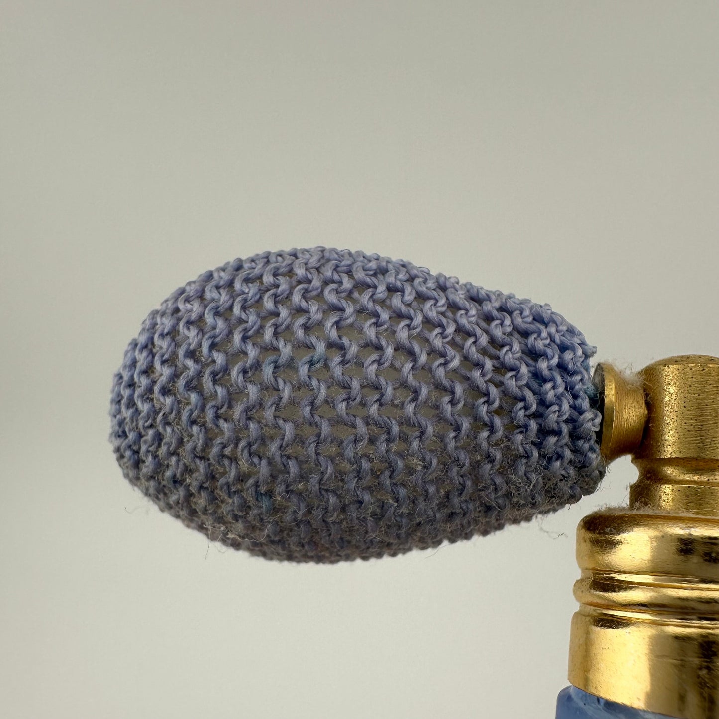 Vintage Perfume Bottle, Miniature, Blue Atomizer Bulb, Blue Frosted Glass, Twist Design.