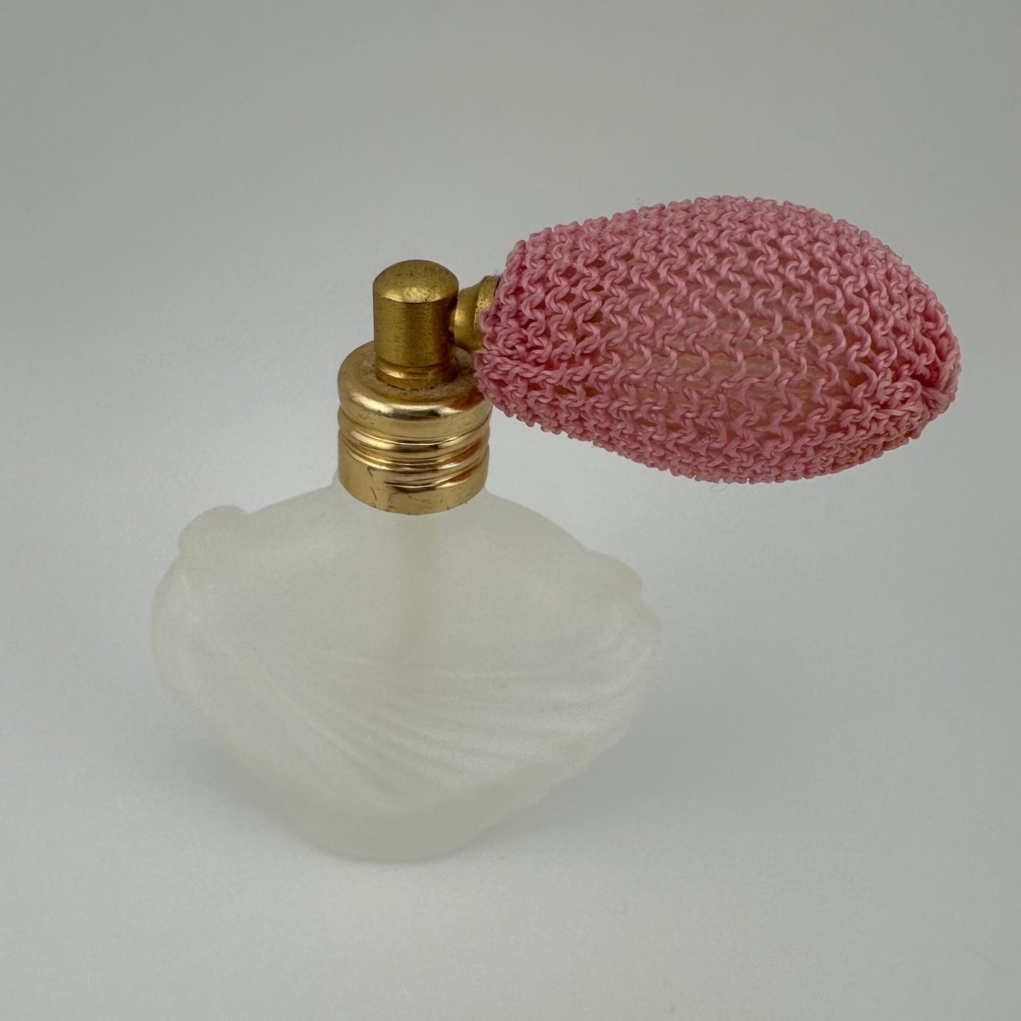Vintage Perfume Bottle, Miniature, Pink Atomizer Bulb, White Frosted Glass.